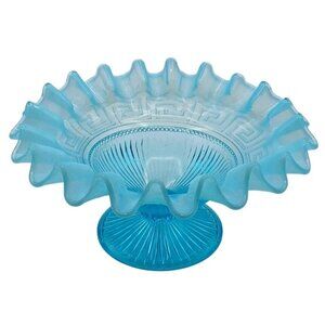 Northwood Blue Opalescent Glass Greek Key Ribbed Ruffled Bowl 8" Antique 1900s
